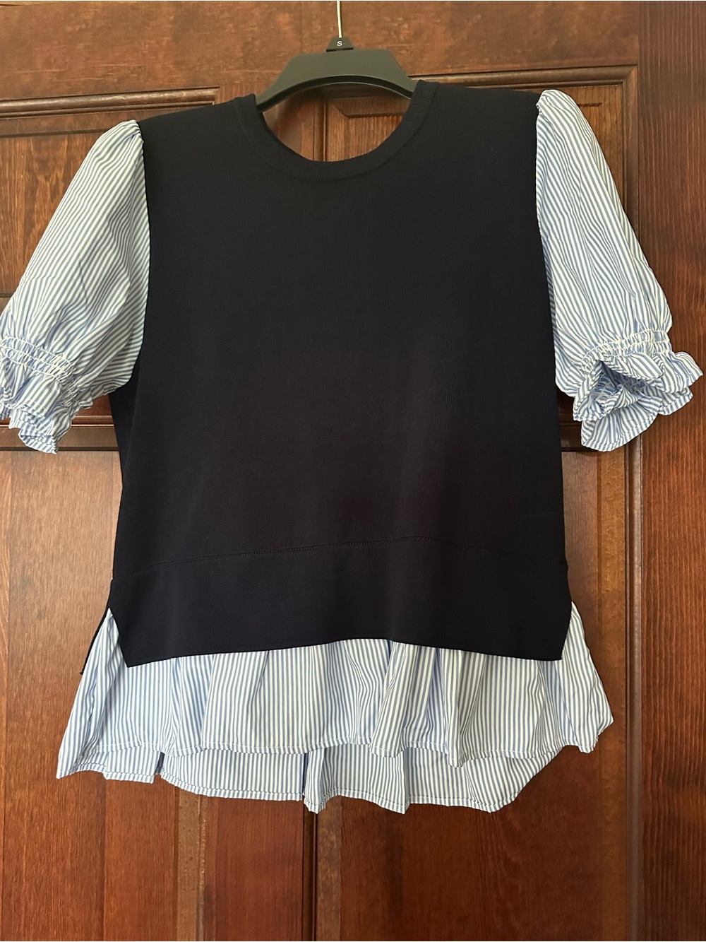 Nanette Lepore Navy Knit Top with Light Blue Pinstripe Ruffled Panels
